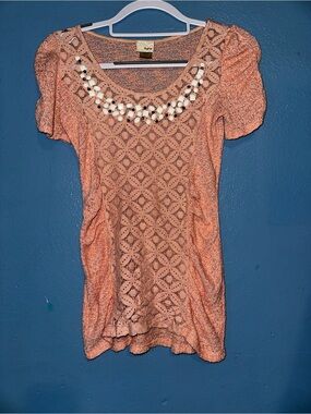 Embellished Crochet Scoop Neck Women’s Top - Peach